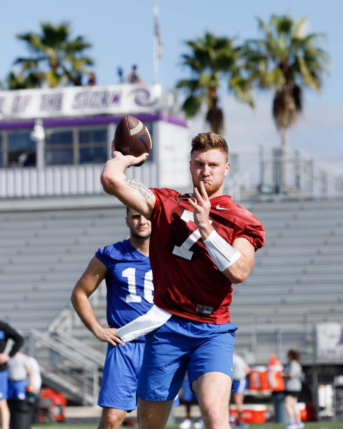 Kentucky quarterback Will Levis puts in reps amid the palm trees in Orlando, Fla., this week ahead of Saturday’s meeting with Big Ten West Division champion Iowa in the VRBO Citrus Bowl.