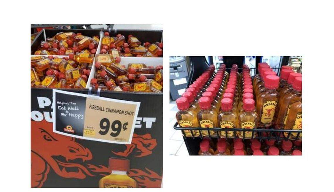 Fireball Cinnamon, shown at left, is often sold where hard liquor cannot be sold such as grocery stores and gas stations, but Fireball Cinnamon Whisky, shown at right, is sold in liquor stores and is made of whisky.