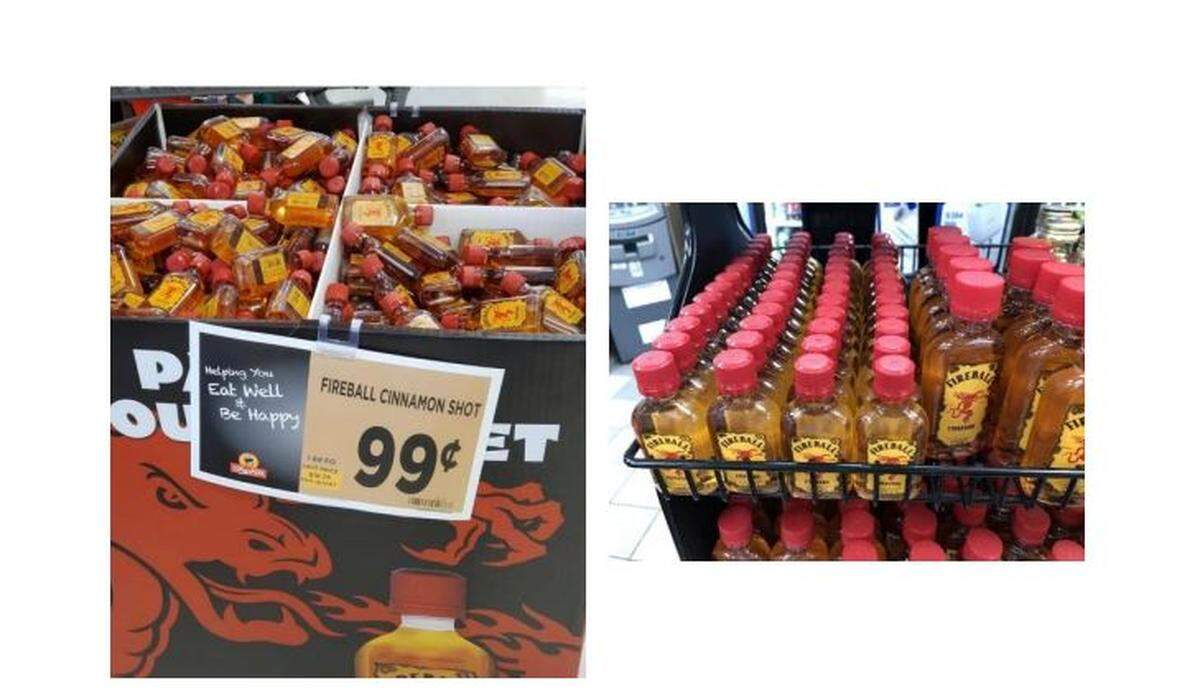 Fireball Cinnamon, shown at left, is often sold where hard liquor cannot be sold such as grocery stores and gas stations, but Fireball Cinnamon Whisky, shown at right, is sold in liquor stores and is made of whisky.