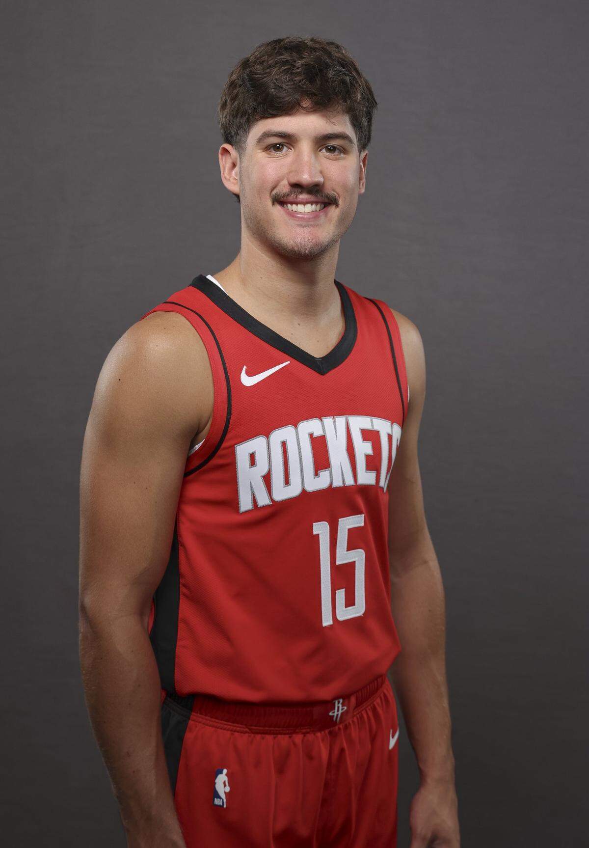 Sep 30, 2024; Houston, TX, USA; Houston Rockets guard Reed Sheppard (15) during Houston Rockets media day. Mandatory Credit: Troy Taormina-Imagn Images