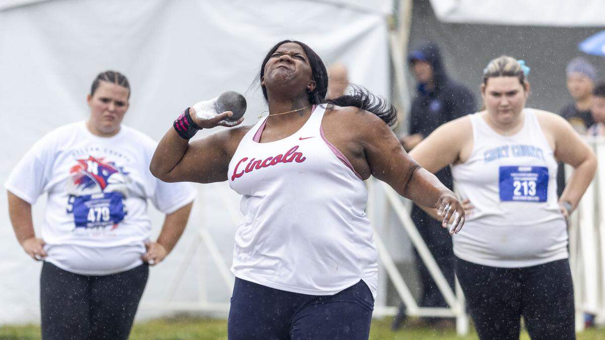 Lincoln County's Germani Crosby won the girls shot put during the 2026 KHSAA Boys and Girls Class 2A State Track and Field Championships at the University of Kentucky track and field complex in Lexington, Ky., on Friday, May 22, 2026.