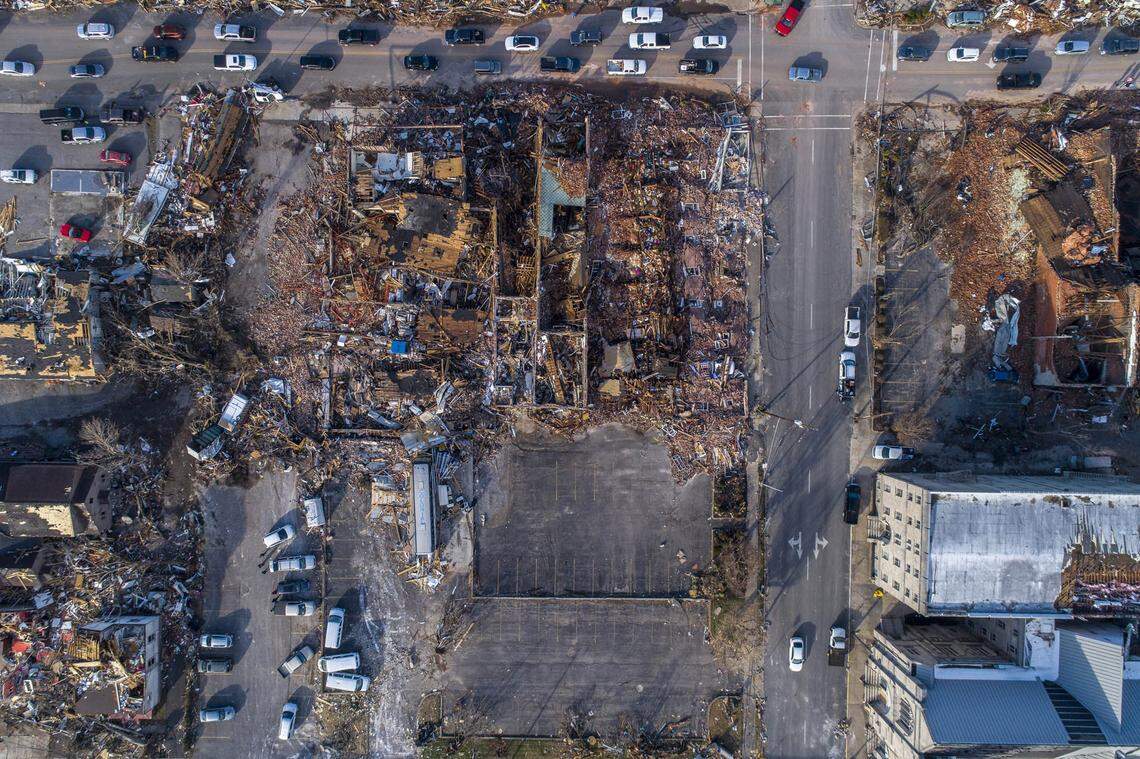 Downtown Mayfield, Saturday afternoon, after a tornado went through the night before.