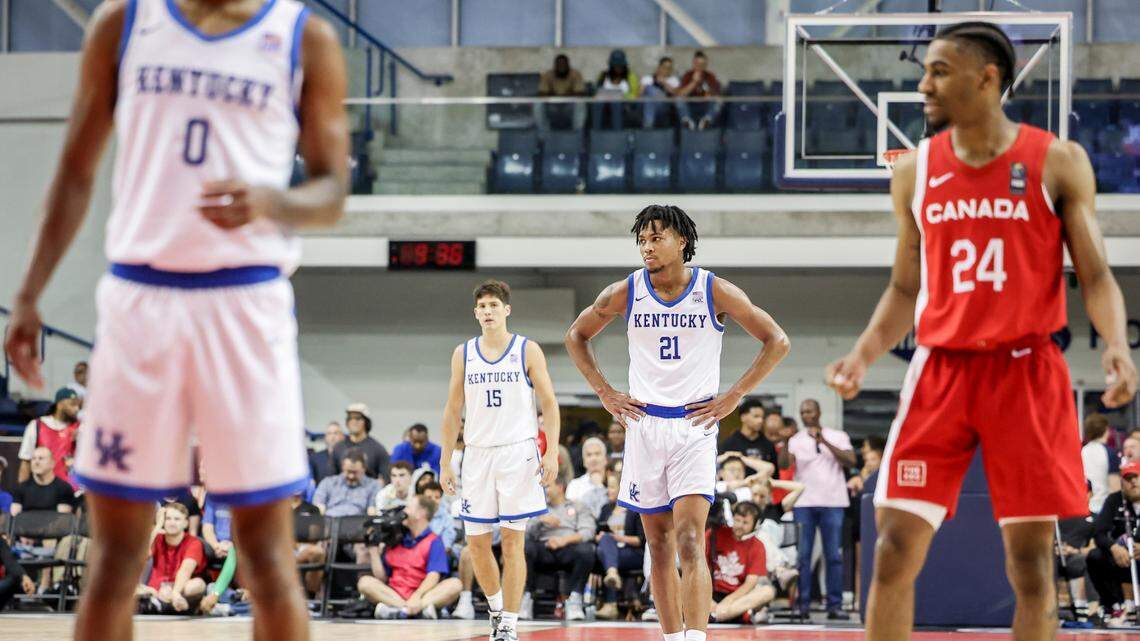 Kentucky freshmen Robert Dillingham (0), D.J. Wagner (21) and Reed Sheppard all have experience playing the point guard position.