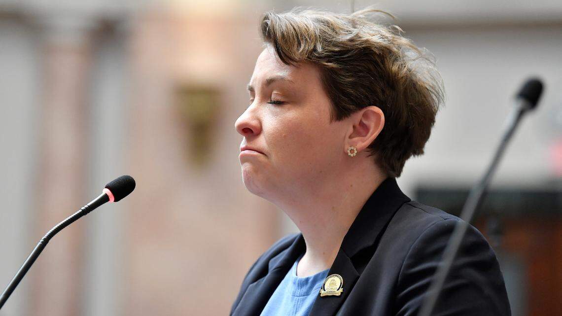 Kentucky House Representative Josie Raymond composes herself as she speaks against Senate Bill 150 at the Kentucky House of Representatives in Frankfort, Ky., Thursday, March 16, 2023. (AP Photo/Timothy D. Easley)