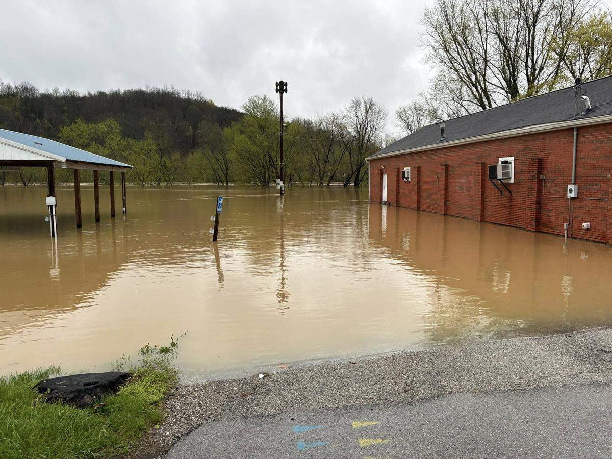Floodwaters rise Sunday, April 6, 2025, in Butler. Access to Butler was completely shut off Sunday as floodwaters encroached on Pendleton County.