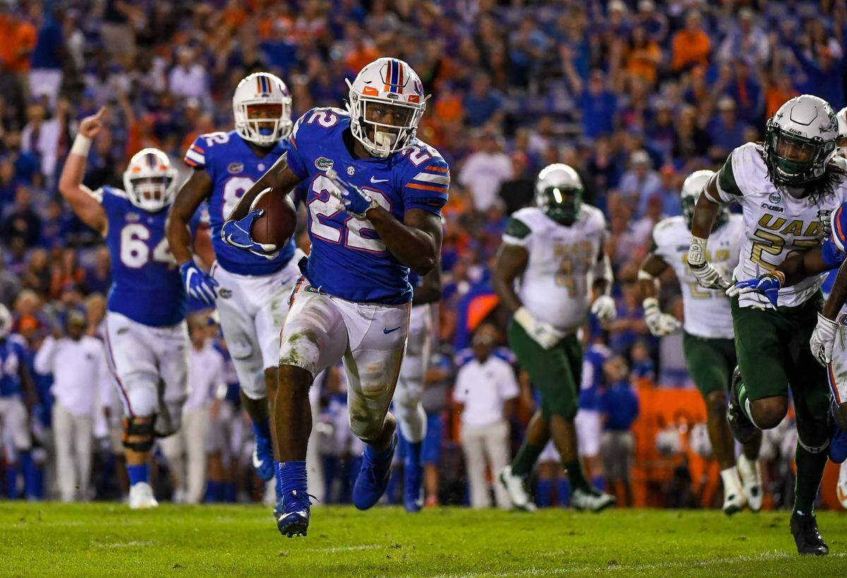 Florida running back Lamical Perine leads the Gators in both rushing (93 yards) and receptions (nine) this season.
