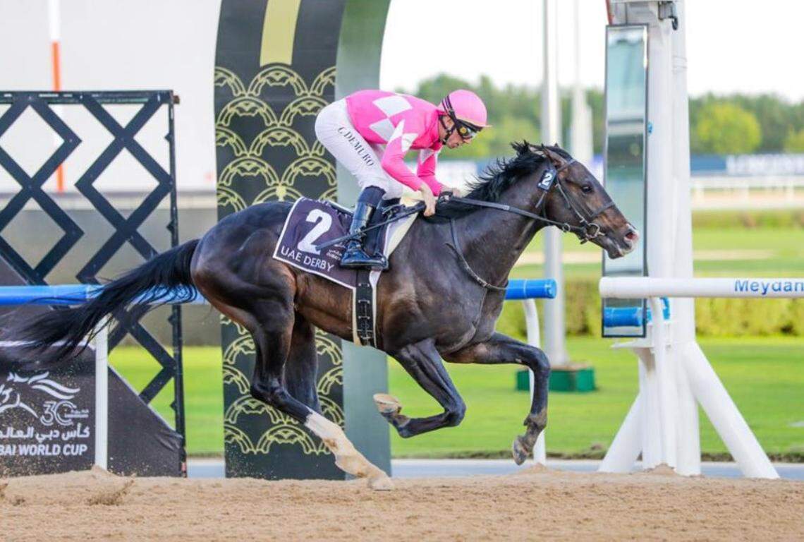 Wonder Dean (JPN), with Cristian Demuro aboard, wins the 2026 UAE Derby on March 28, 2026, at Meydan Racecourse in Dubai, United Arab Emirates.