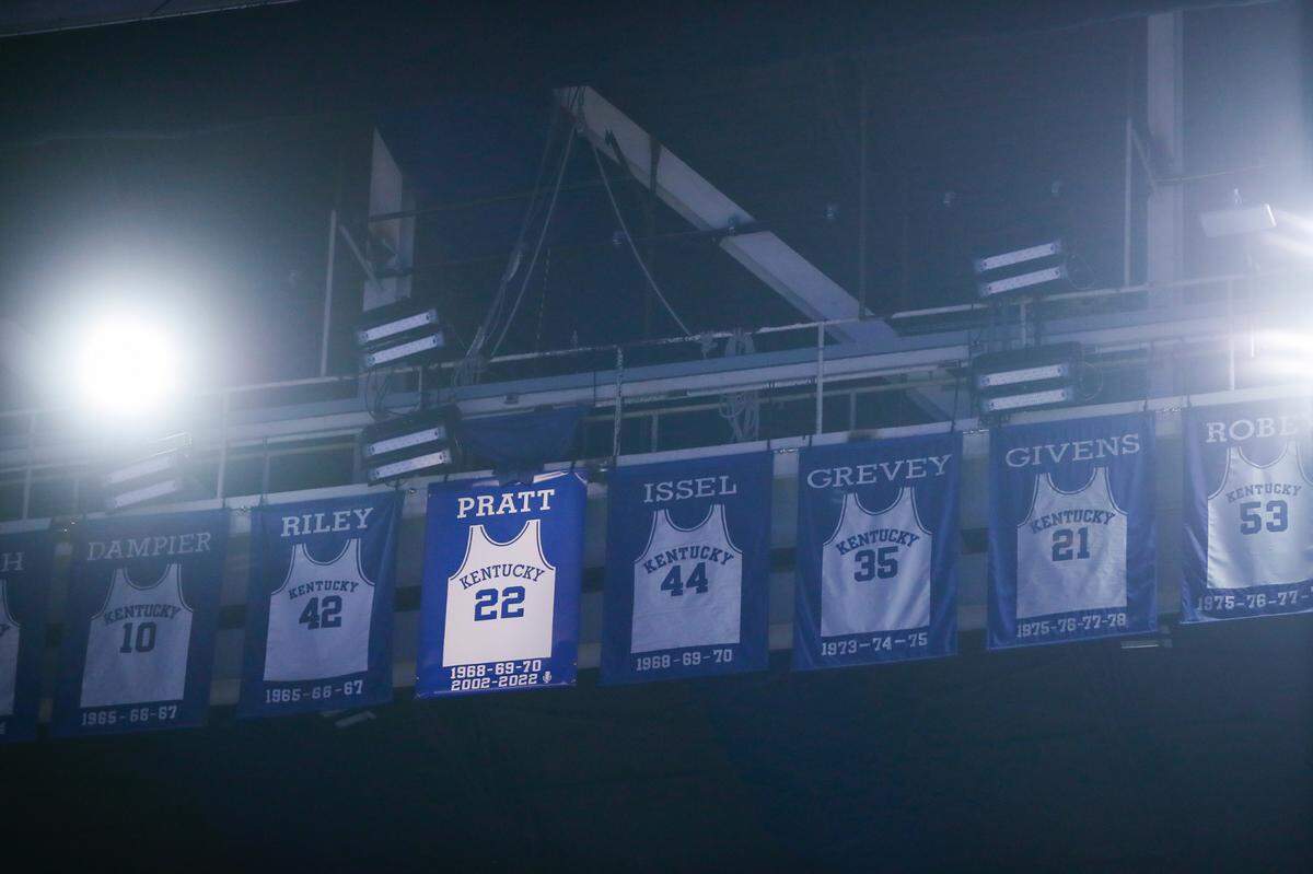 Mike Pratt’s No. 22 jersey was added to the Rupp Arena rafters last season, the most recent arrival.
