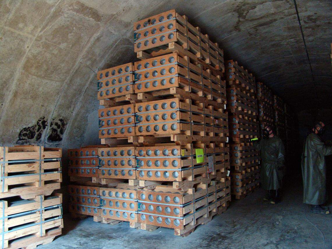 Rockets with nerve agent warheads are in storage at the Blue Grass Army Depot in Richmond, Ky.They haven't moved (with few exceptions) since they were delivered to the facility in the mid-1960s. Illustrates CHEMICAL-WEAPONS (category a) by Bob Drogin (c) 2009, Los Angeles Times. Moved Saturday, Aug. 22, 2009. (MUST CREDIT: Photo courtesy of the U.S. Army.)