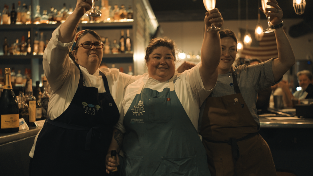 Chef and restaurant owner Ouita Michel with chef Kristin M. Smith, owner of The Wrigley in Corbin, and chef Sara Bradley, owner of Freight House in Paducah, featured in her show “You Belong Here.”
