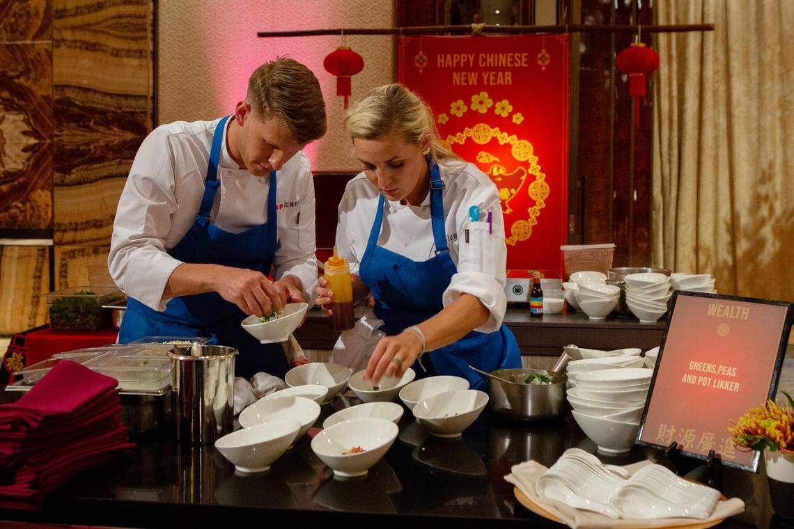 Chef Brandon Rosen is helping chef Kelsey Barnard Clark, who is still in the competition, with her Chinese New Year dish in Macau.