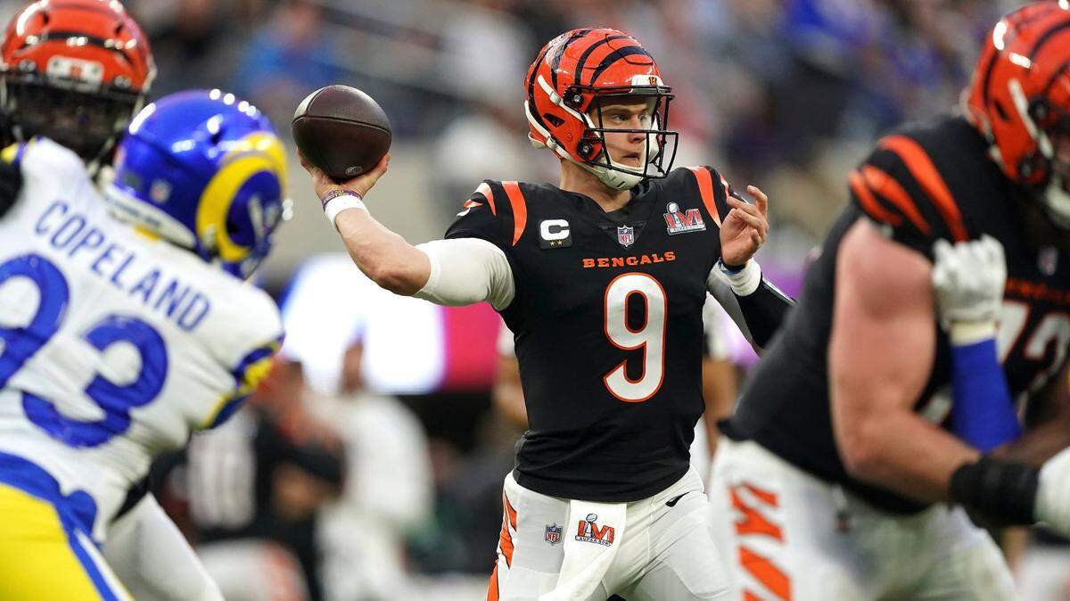 Cincinnati Bengals quarterback Joe Burrow (9) completed 22 of 33 passes for 263 yards and a touchdown in Sunday’s Super Bowl.