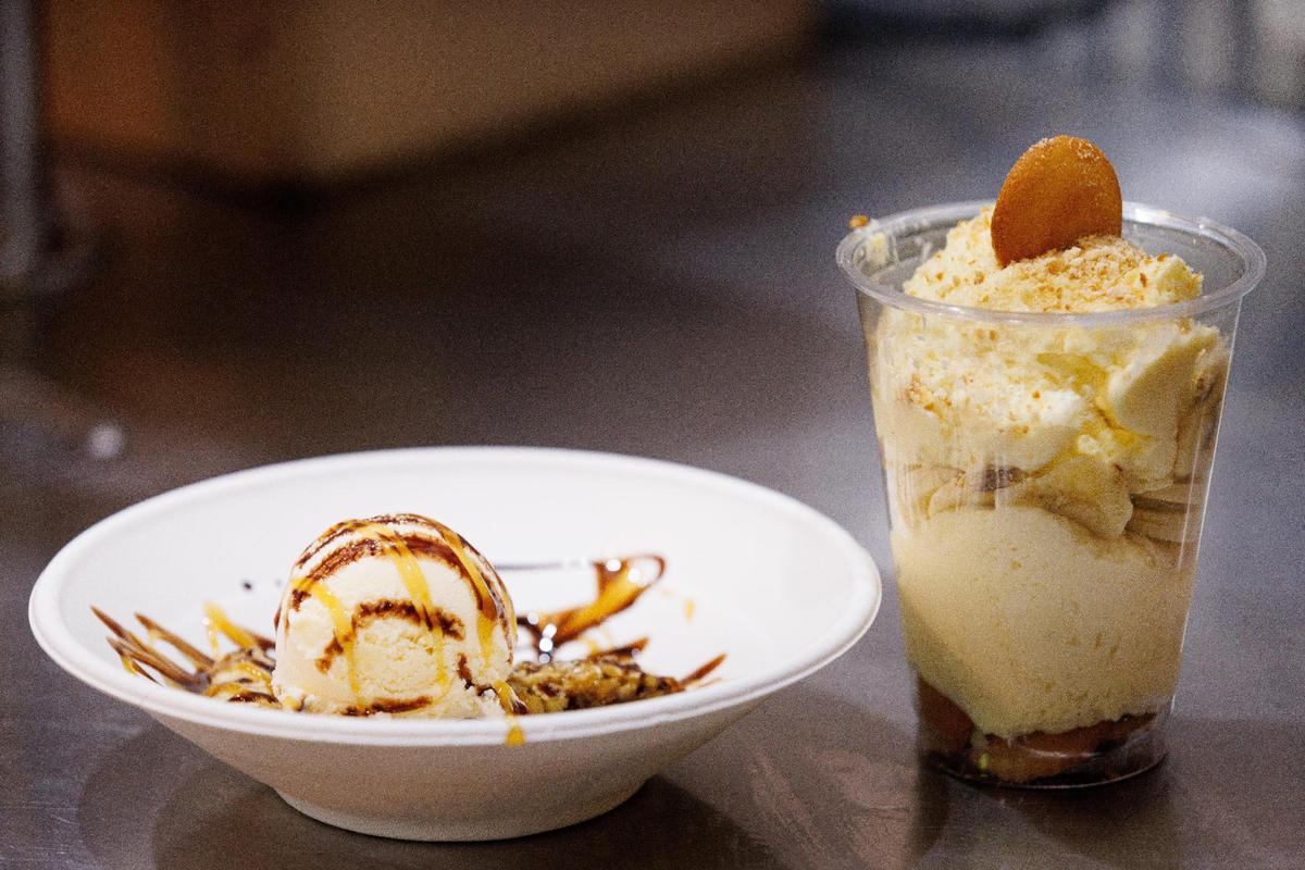 Peach cobbler and banana pudding sit on display on Sunday, June 12, 2022, at Thatcher Barbecue Company in Slade, Kentucky.