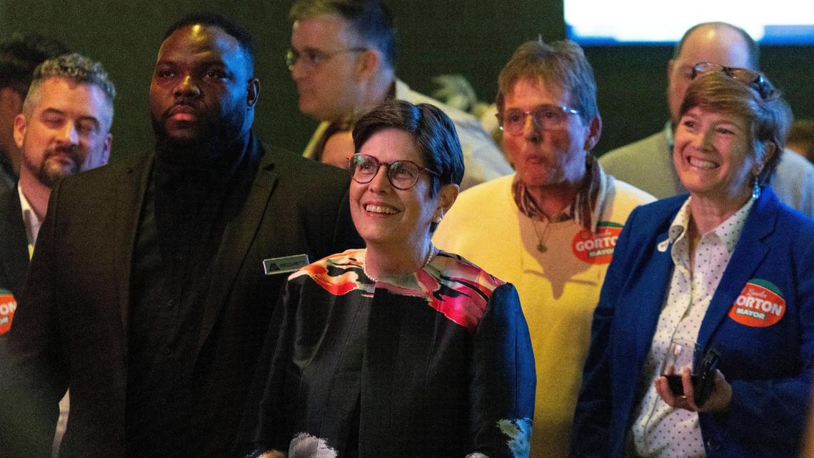 Mayor Linda Gorton is welcomed to the stage for a speech at LexLive on South Broadway after winning her second term, Nov. 8, 2022.