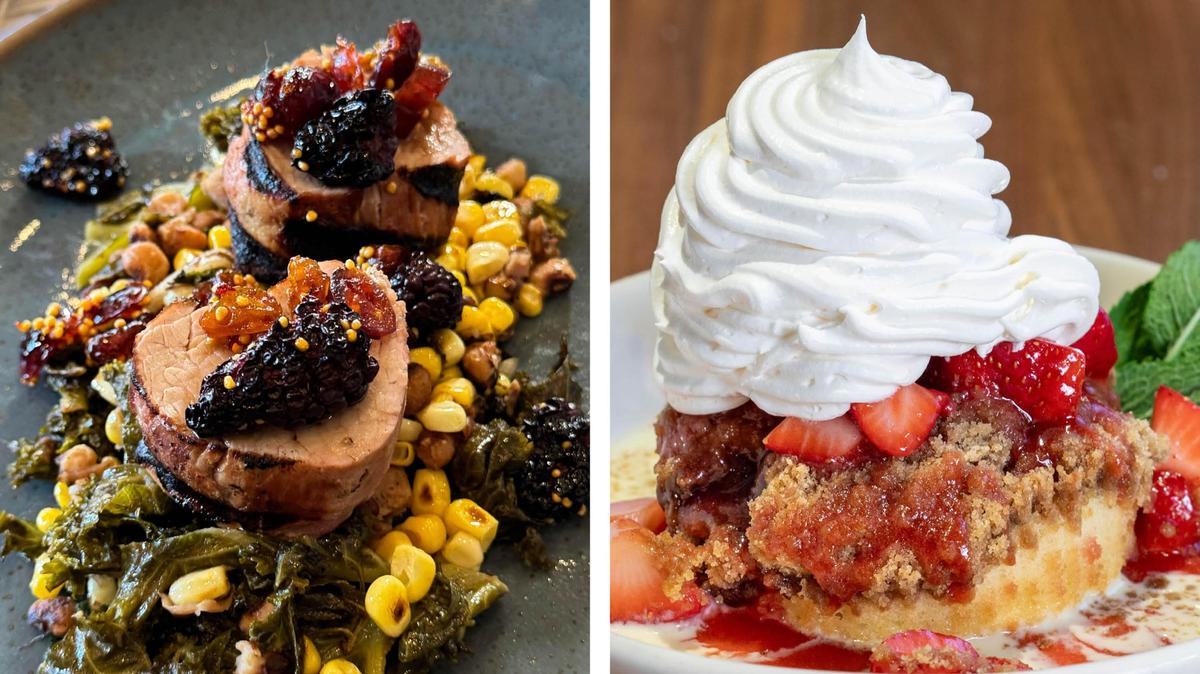 At left, pork tenderloin served with succotash and blackberry jam from Dudley’s on Short and Strawberry Shortstack from Malone’s. Both will be special menu items during Lexington Restaurant Week.