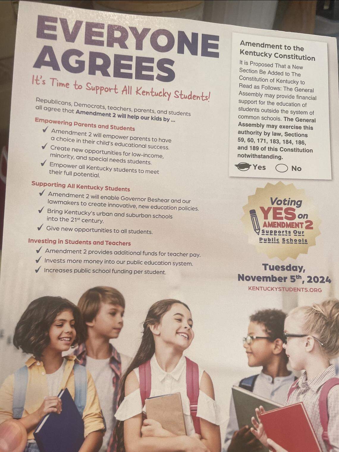A mailer from the group Kentucky Students First urging Kentuckians to vote “yes” on Amendment 2.