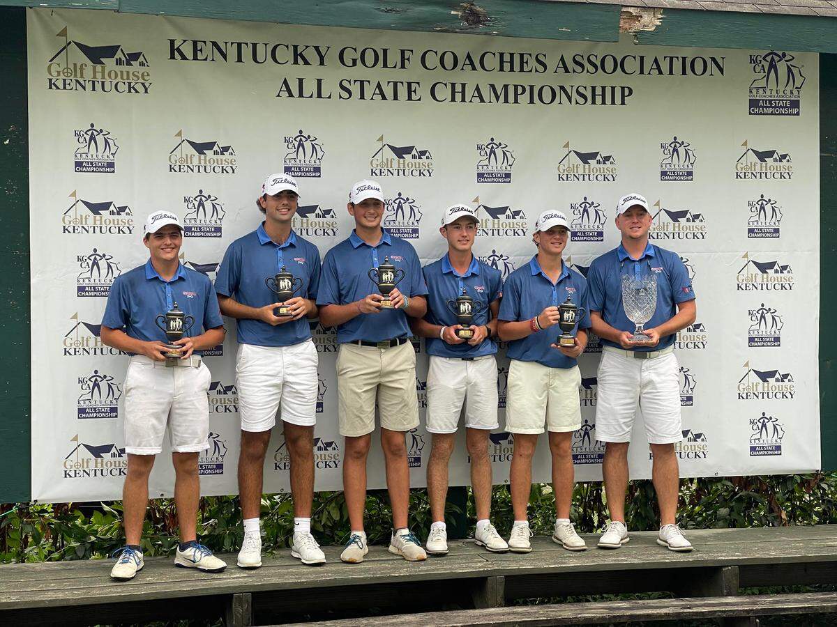 The Madison Central boys’ golf team won the 2021 KGCA All State Championship at University Club of Kentucky in Lexington on Sept. 19, 2021. From left are Hayden Wasch. Clay Pendergrass, Gavin McKune, Warren Thomis, Cooper Eberle and Coach Kyle Congleton.