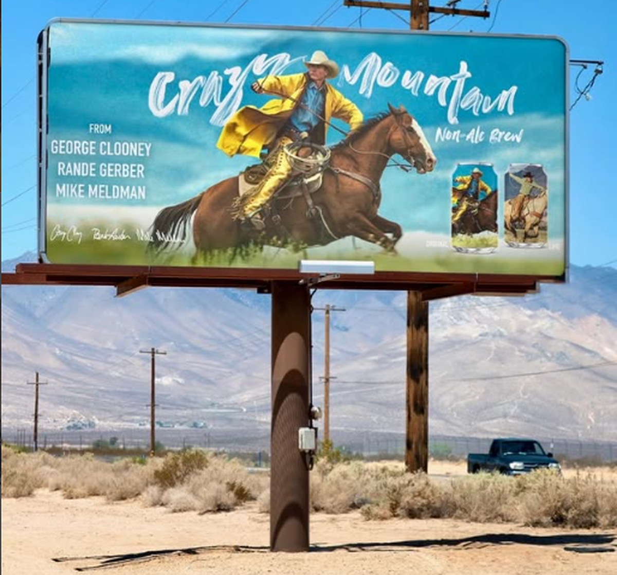 A billboard for Crazy Mountain, the new non-alcoholic beer brand from George Clooney and partners. Non-alcoholic beer is booming even as alcoholic beer and most other spirits categories are slumping.