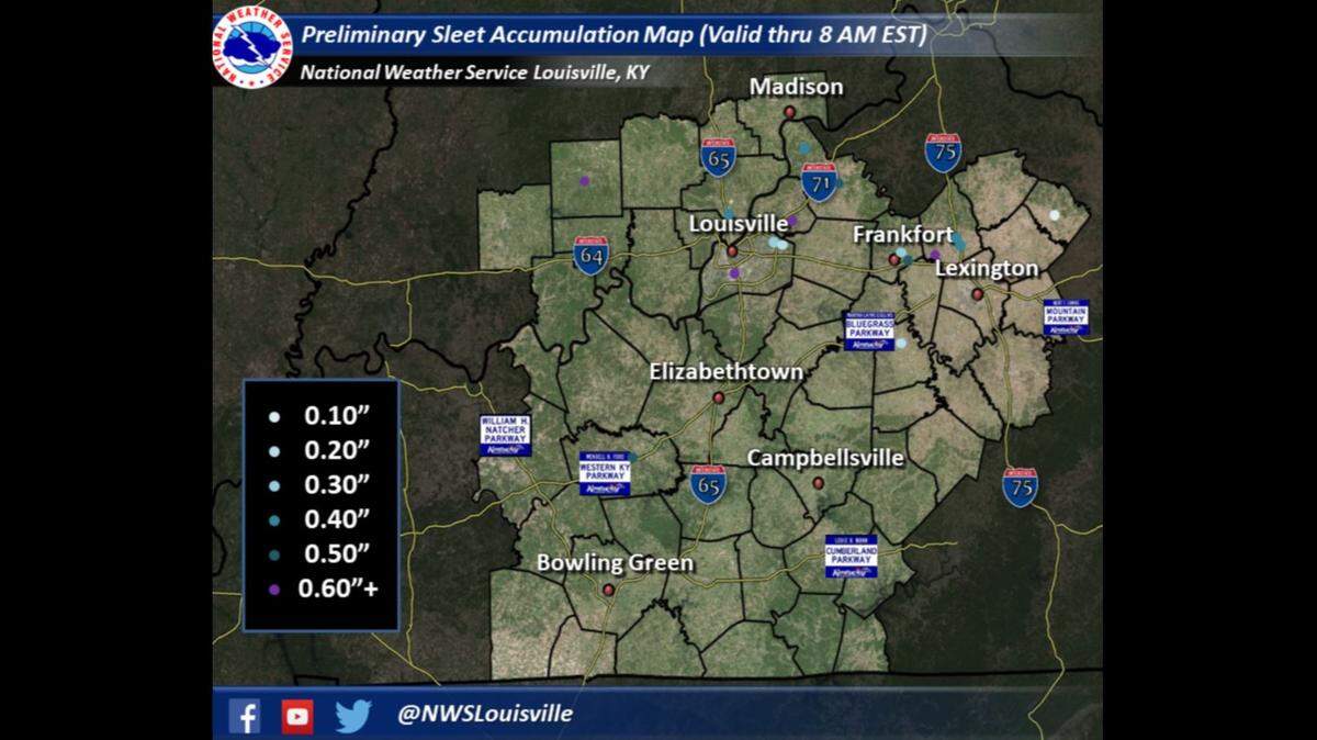 Sleet accumulation totals from the National Weather Service.