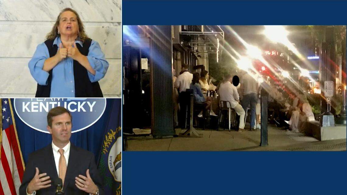 Gov. Andy Beshear showed photos of crowds outside bars in Lexington, including Harvey’s on Main Street, that he said showed people “not doing the right thing.” Beshear said that bars will be shut down for two weeks and restaurants will be reduced to 25 percent indoor capacity to try to stem the coronavirus spike in Kentucky.