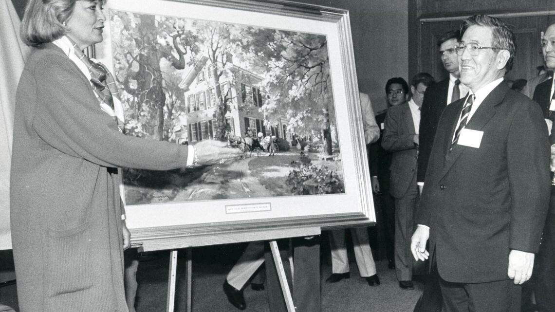 Then-Governor Martha Layne Collins presented a print of My Old Kentucky Home to Dr. Shoichiro Toyoda, president of Toyota, on May 5, 1986. Kentucky was chosen from at least 20 other states as the location for a new plant.