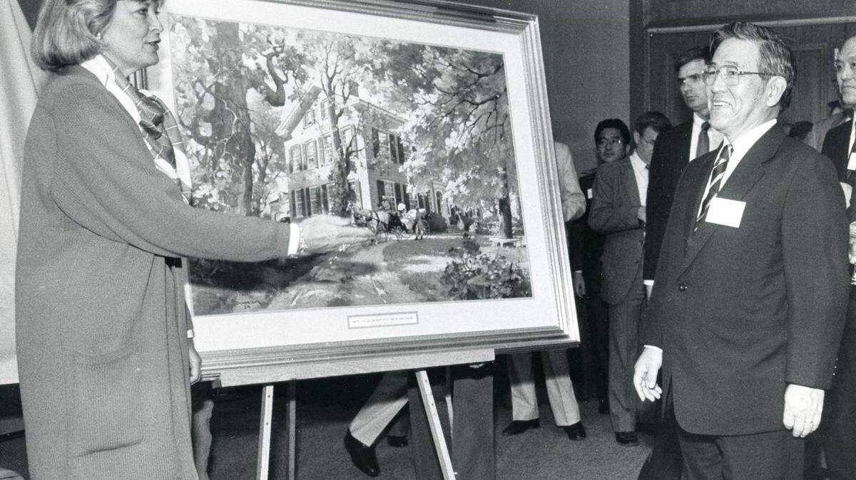 Then-Governor Martha Layne Collins presented a print of My Old Kentucky Home to Dr. Shoichiro Toyoda, president of Toyota, on May 5, 1986. Kentucky was chosen from at least 20 other states as the location for a new plant.