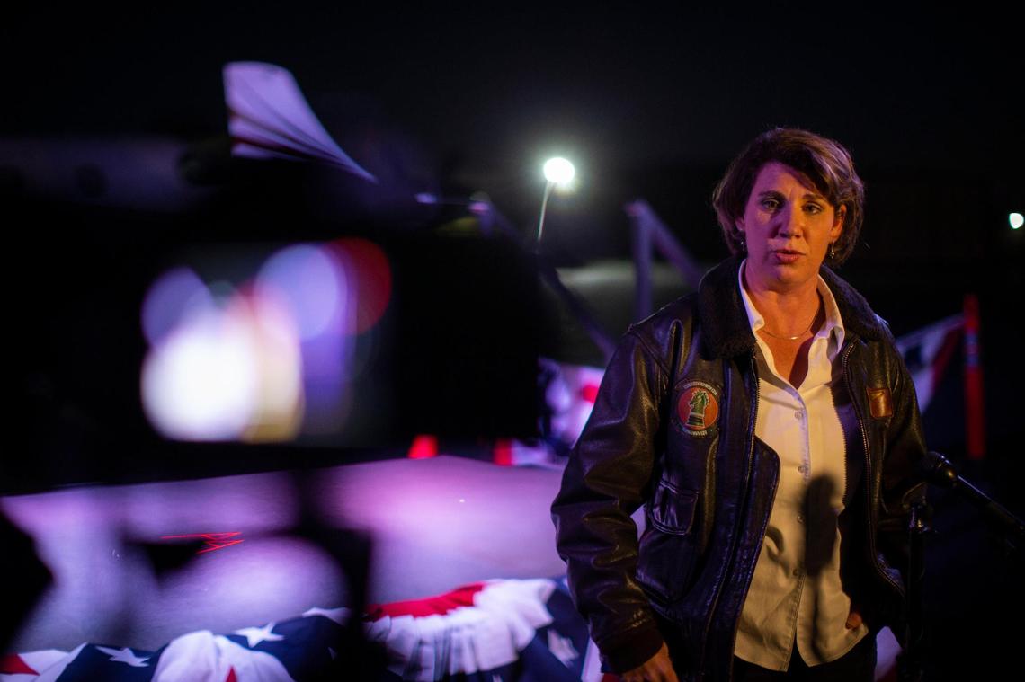 Democratic Senate candidate Amy McGrath speaks with her supporters and reporters during her final stop on Election Day at the Georgetown-Scott County Regional Airport in Scott County, Ky., Tuesday, November 3, 2020.