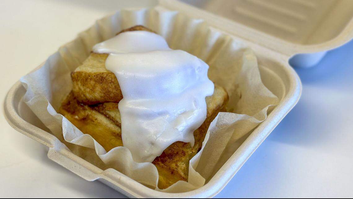 A cinnamon roll ($5) from Lexington’s Futile Bakery, located in Greyline Station, Thursday, March 12, 2026.