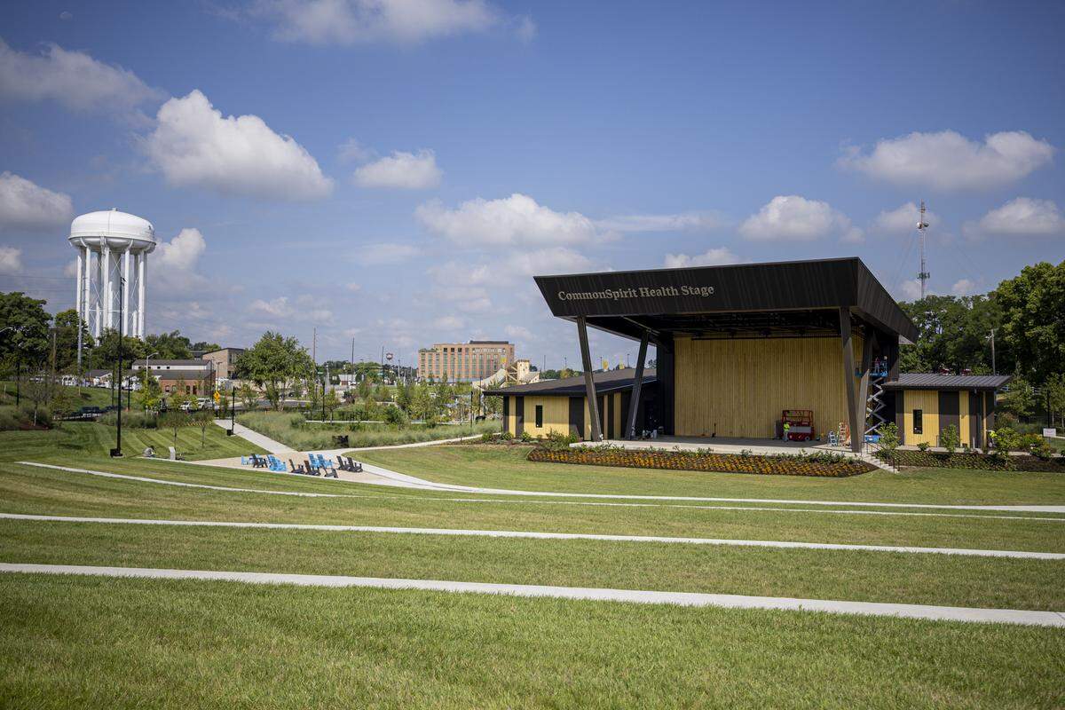 Terraced seating area on the great lawn facing the CommonSpirit Health Stage during a tour on Thursday, Aug. 14, 2025, at Gatton Park on the Town Branch in Lexington, Ky. 