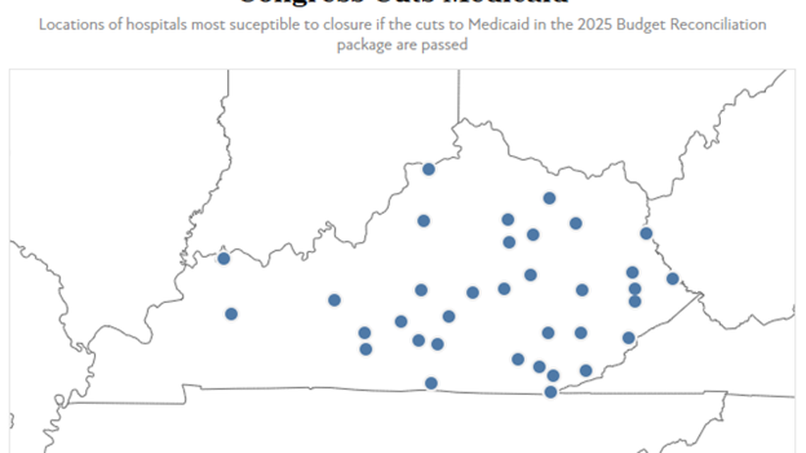 Map of Kentucky indicating locations of hospitals most susceptible to closure if Congress passes Medicaid cuts part of the 2025 budget reconciliation package