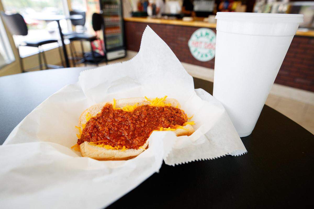 A chili dog waits to be eaten on Thursday, July 21, 2022, at Sam’s Hot Dog Stand in Lexington, Kentucky.