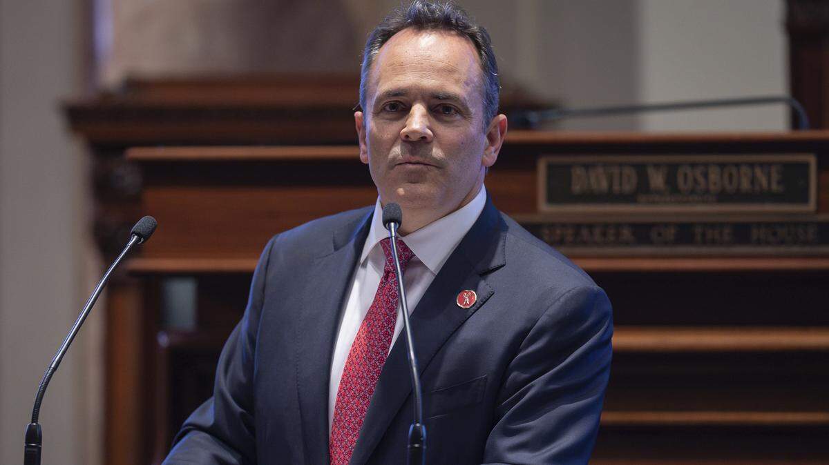 Kentucky Gov. Matt Bevin delivers the State of the Commonwealth address to a joint session of the state legislature at the state Capitol in Frankfort, Ky, Thursday, Feb. 7, 2019.