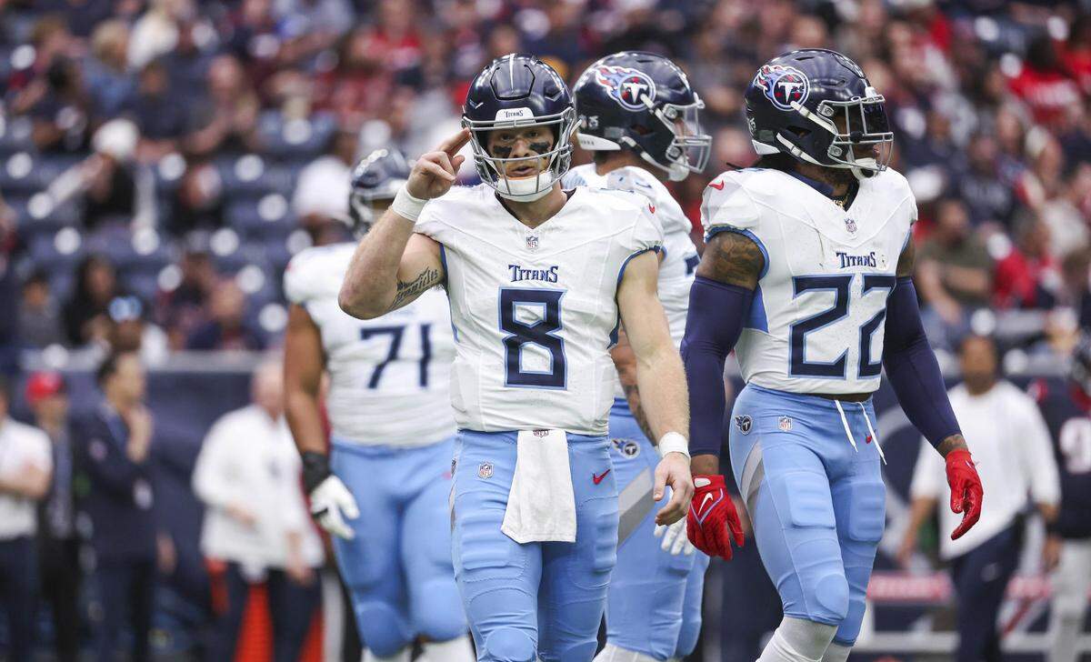 Dec 31, 2023; Houston, Texas, USA; Tennessee Titans quarterback Will Levis (8) reacts after a play during the first quarter against the Houston Texans at NRG Stadium. Mandatory Credit: Troy Taormina-USA TODAY Sports