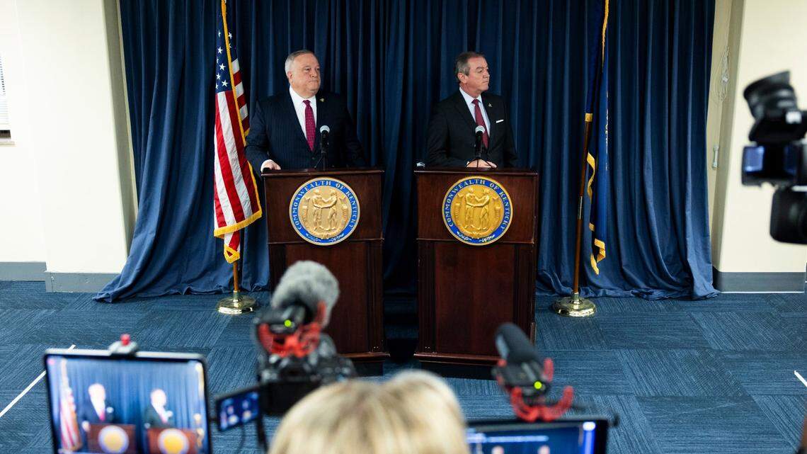Speaker of the House, Rep. David W. Osborne and Senate President Sen. Robert Stivers speak during a press conference about the 2024 Regular Session priorities in Frankfort, Ky, Wednesday, January 3, 2023.