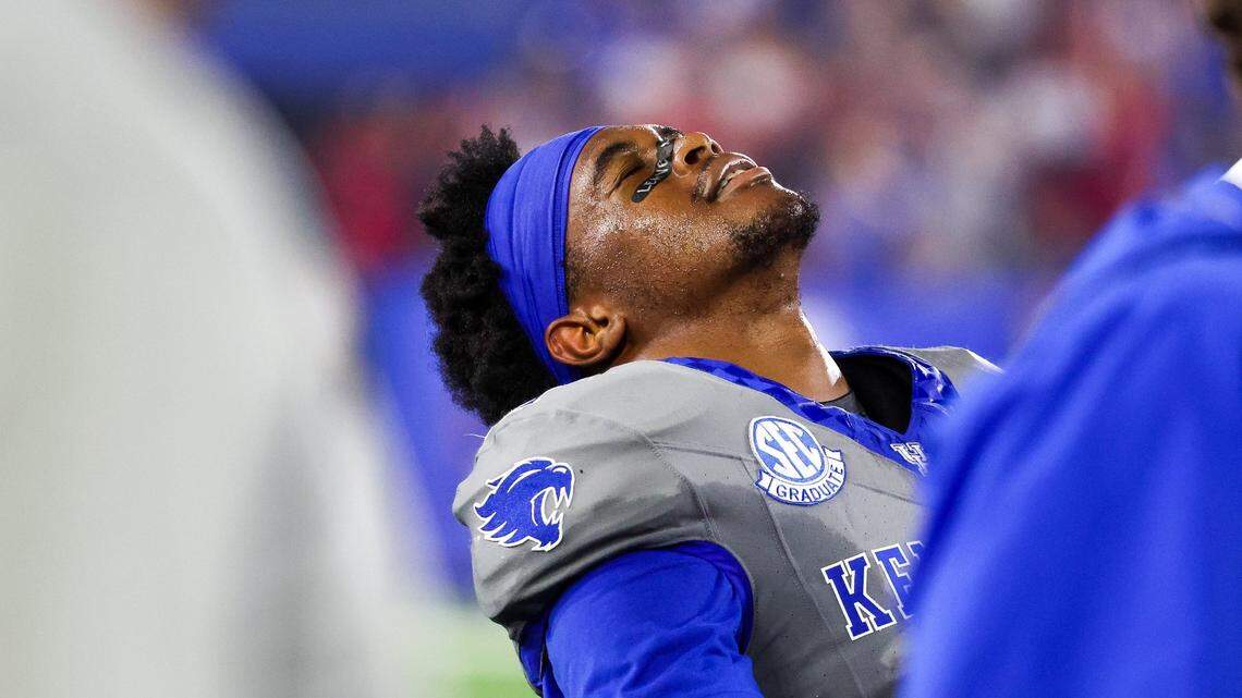 Kentucky safety Zion Childress (11) reacted after his interception return for a touchdown was reviewed and called back during UK’s eventual 13-12 loss to then-No. 1 Georgia. Childress had a team-high six tackles, a tackle for loss and a pass defended vs. the Bulldogs.
