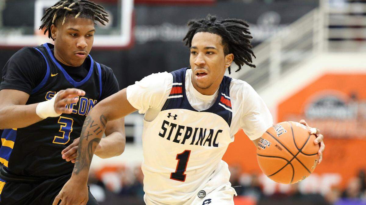 Stepinac’s Boogie Fland in action against Simeon during a high school basketball game at the Hoophall Classic on Jan. 15 in Springfield, Mass.