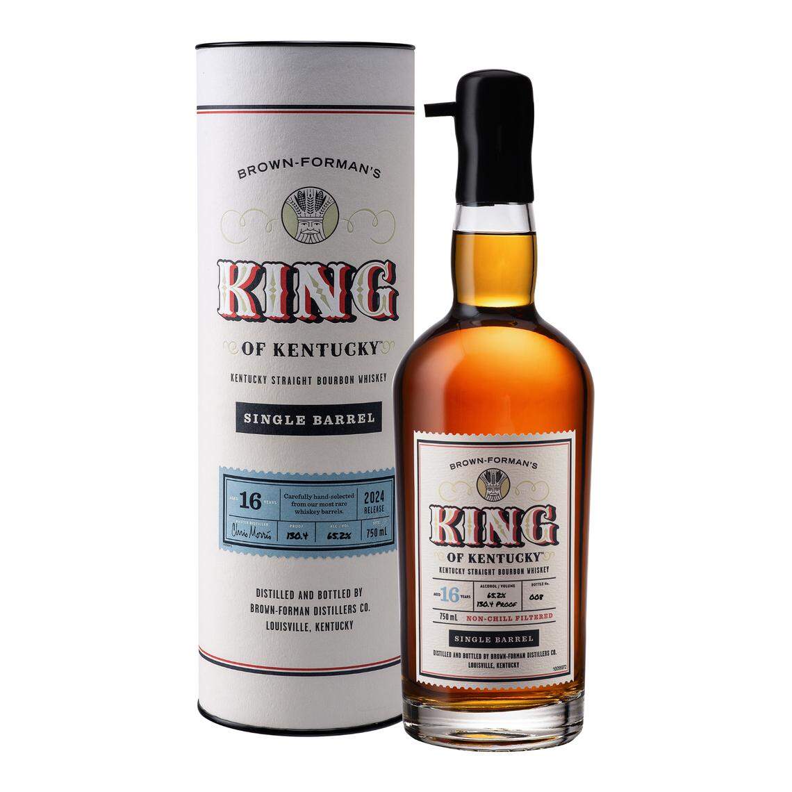 The 2024 edition of King of Kentucky is a 16-year-old Kentucky straight bourbon, with a suggested retail price of $349.99. Proof ranges from 125-135, depending on the barrel.