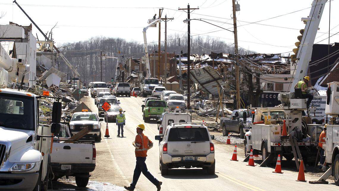Downtown was full of activity as repair work continued in West Liberty on March 6, 2012, just days after a deadly tornado struck the area. Downtown West Liberty was virtually destroyed.