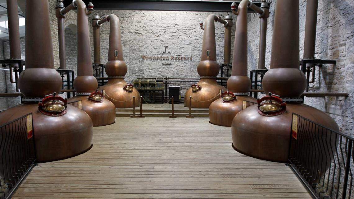 A visualization of how the six copper pot stills will look once they are installed at Woodford Reserve this year. The three on the right are the original stills and the new ones will go on the left.