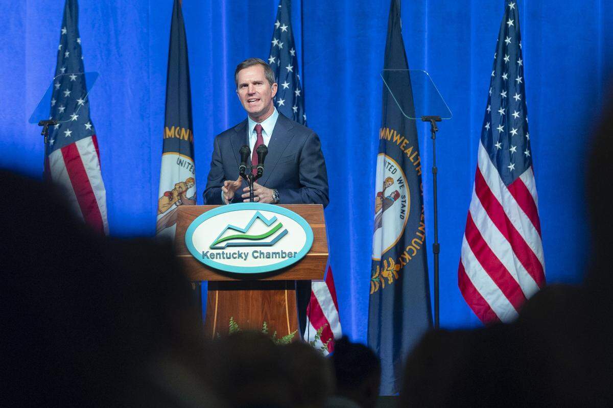 Kentucky Gov. Andy Beshear speaks during the 31st Annual Kentucky Chamber Day Dinner at the Central Bank Center in Lexington, Ky., on Thursday, Jan. 8. 2026.