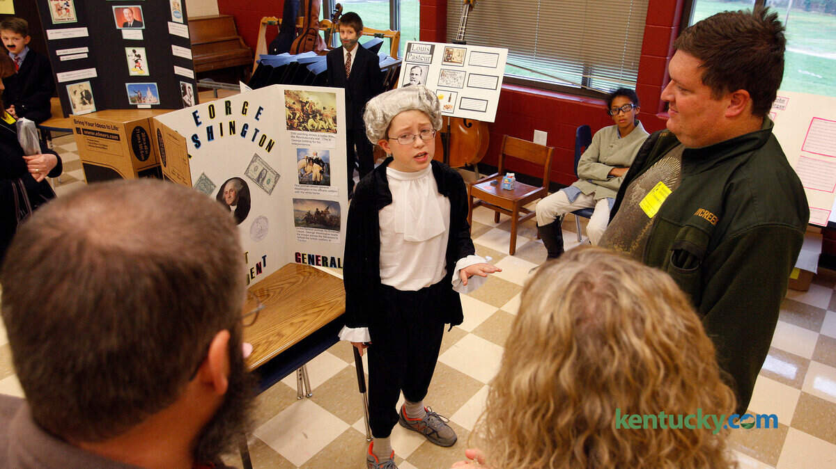 Alex Losch, 10, portrayed George Washington for visitors in a wax museum setting at Meadowthorpe Elementary.