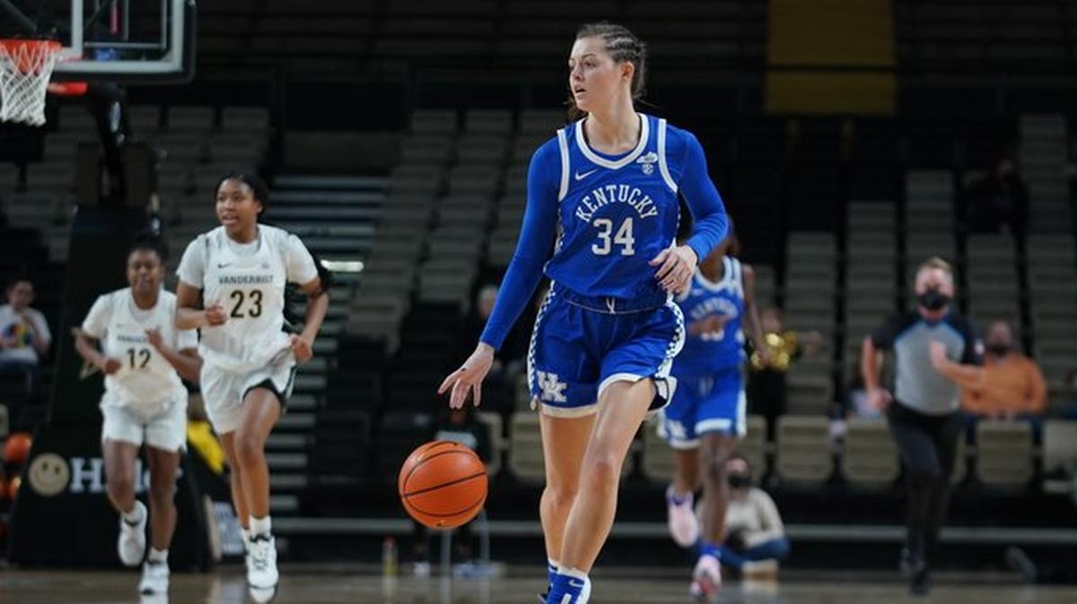 Emma King, the only Kentucky player to come off the bench Thursday night, brings the ball upcourt against Vanderbilt. UK had only six players available for the game, which the Wildcats lost 65-57 to the Commodores.