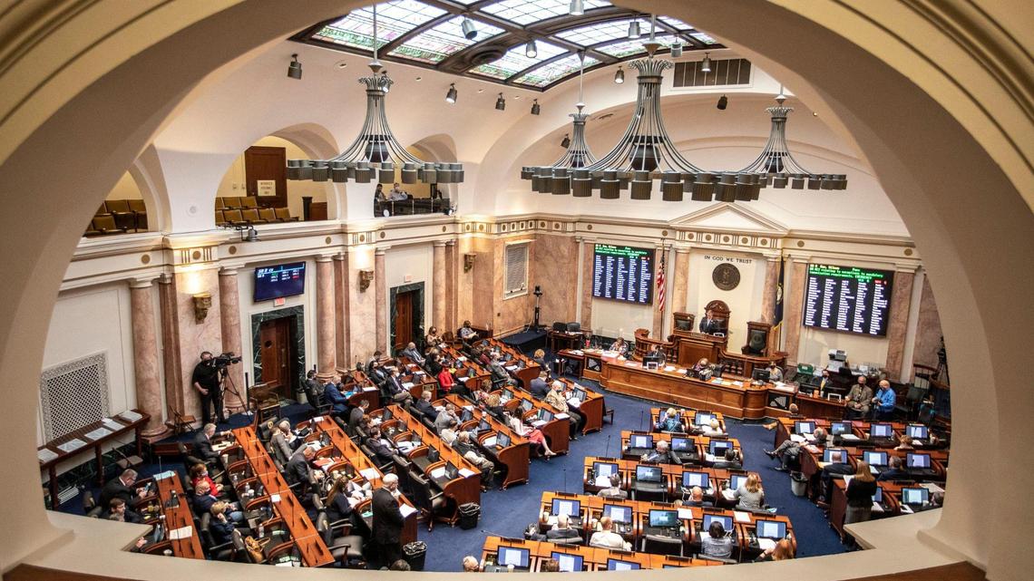 Members of the Kentucky House of Representatives meet at the state Capitol in Frankfort, Ky., on Friday, March 12, 2021.