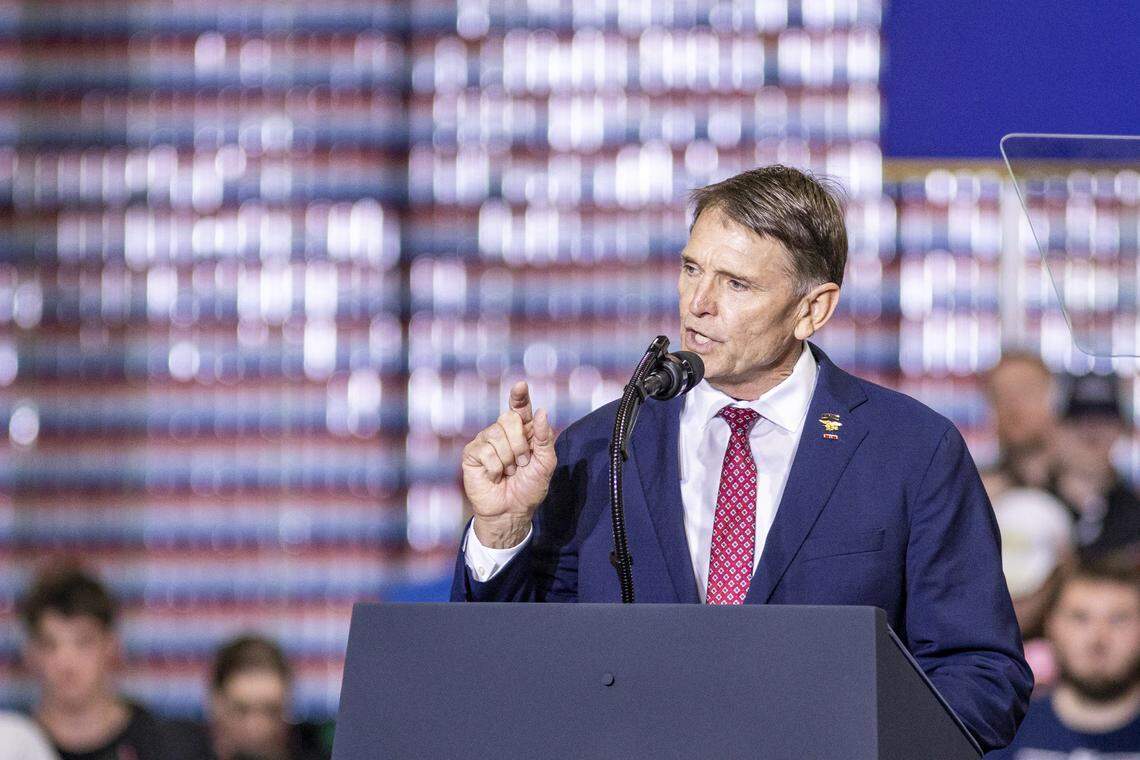 Congressional candidate Ed Gallrein speaks during President Donald Trump’s visit to Verst Logistics in Hebron, Kentucky, on Wednesday, March 11, 2026.