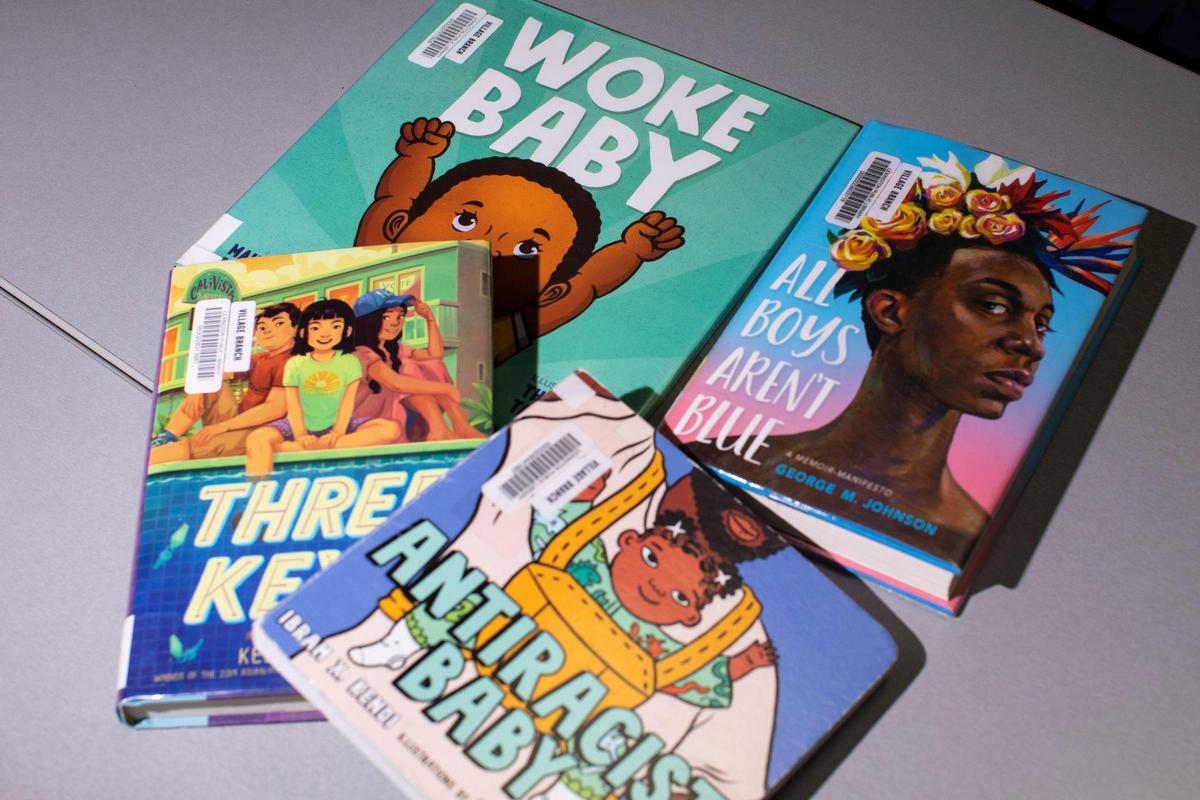 A sample of library books that are frequently challenged nationally, displayed by Mary Landrum, a children’s librarian at the Lexington Public Library and chair of the Kentucky Public Library Association’s Intellectual Freedom Committee.