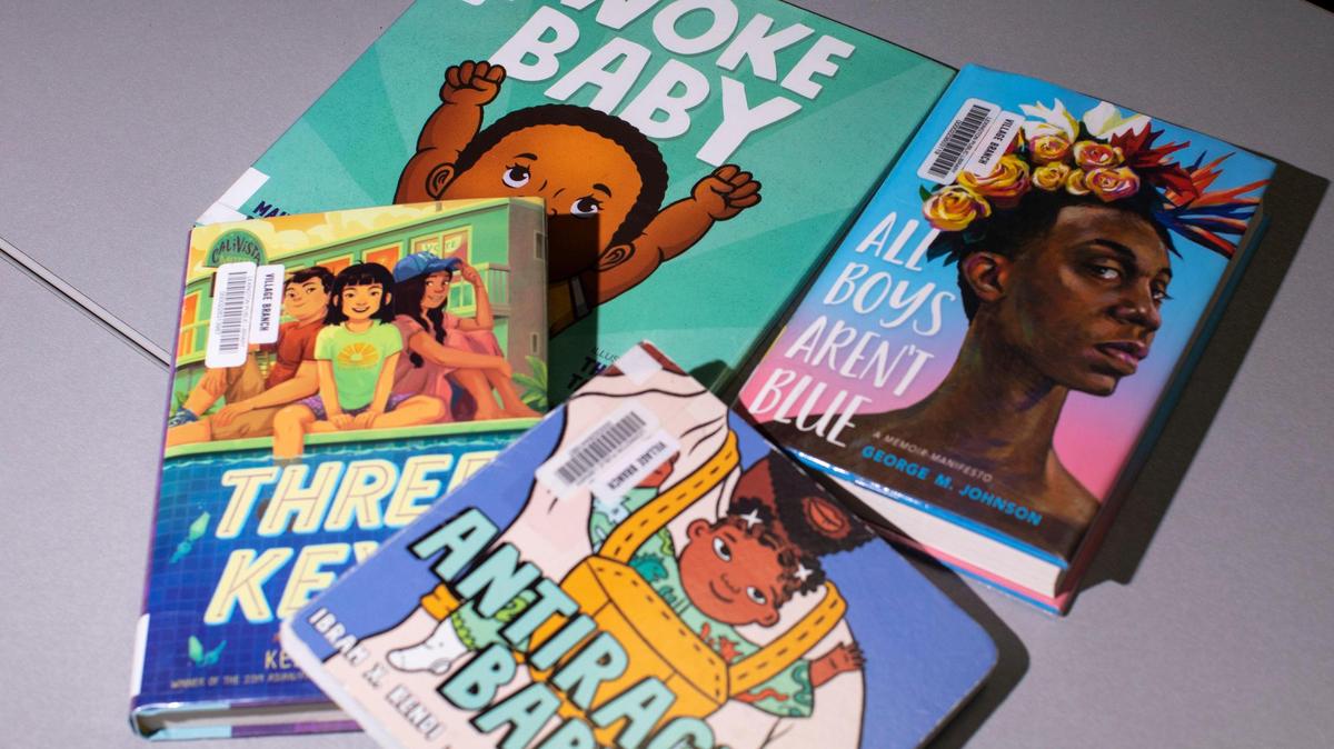 A sample of library books that are frequently challenged nationally, displayed by Mary Landrum, a children’s librarian at the Lexington Public Library and chair of the Kentucky Public Library Association’s Intellectual Freedom Committee.