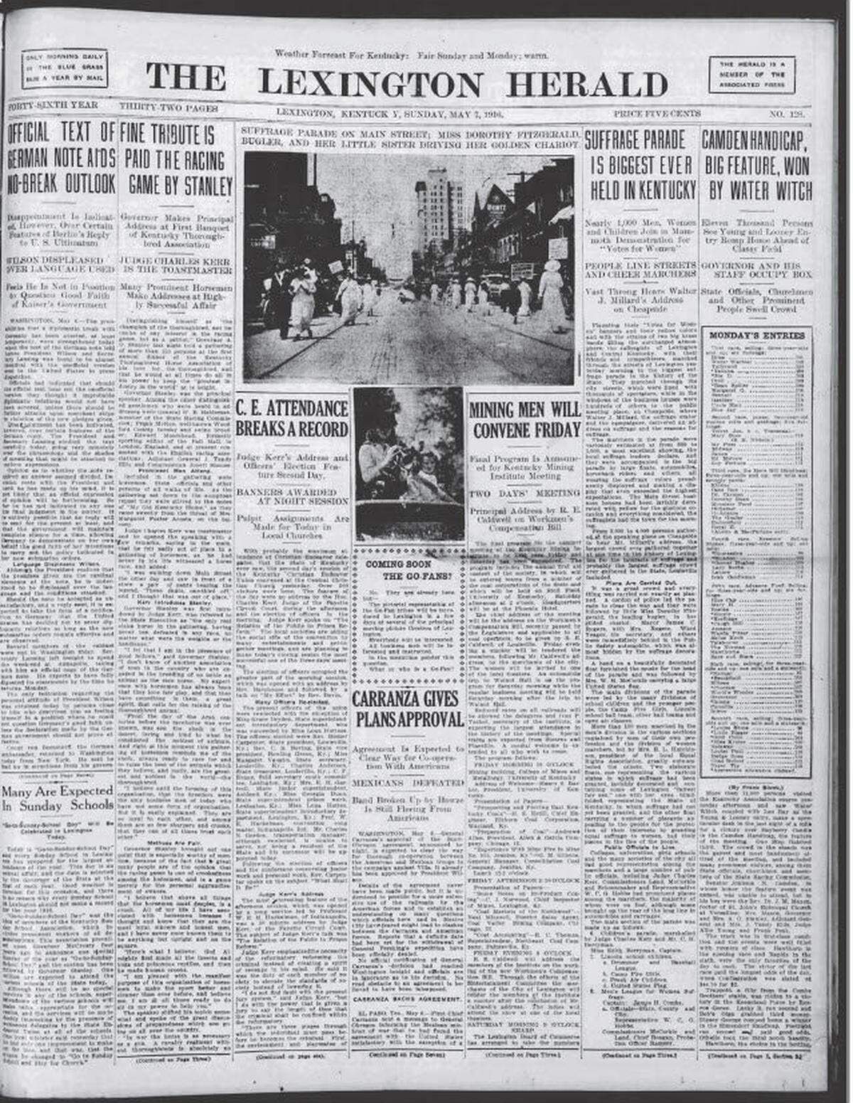 A May 7, 1916, edition of the Lexington Herald-Leader shows coverage of a large women’s suffrage parade in Kentucky.