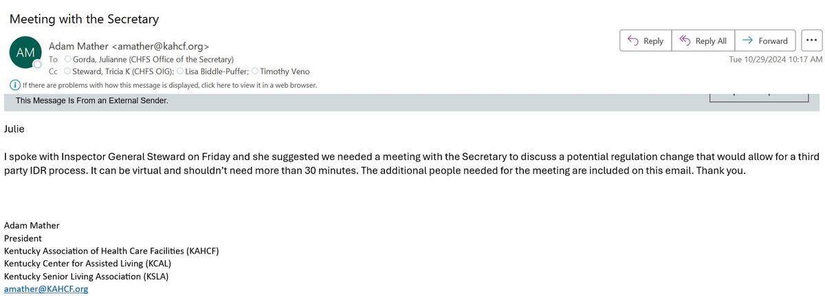 On Oct. 29, 2024, nursing home industry lobbyist Adam Mather requested a meeting with Health and Family Services Secretary Eric Friedlander, who was Mather’s boss when he was inspector general 10 months earlier. Mather said the meeting was suggested by his replacement as inspector general, Tricia Steward.