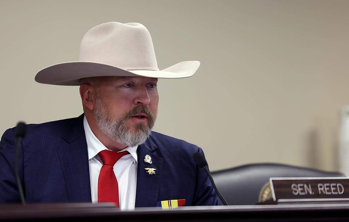 Sen. Aaron Reed, R-Shelbyville, asks a question about during a 2025 meeting of the Senate Committee on Judiciary.