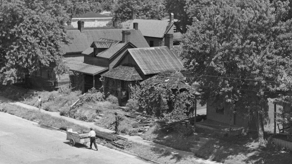 An aerial view of the Adamstown neighborhood in the early-mid 20th century. This Black neighborhood was razed to make way for Memorial Coliseum.